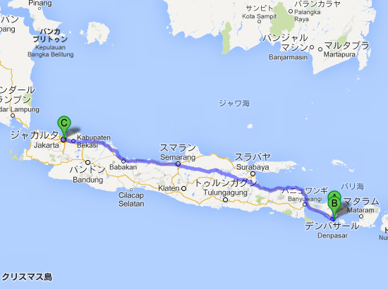 インドネシア バリ島 ギャニャール Ubud  ウブド から インドネシア ジャカルタ   Google マップ