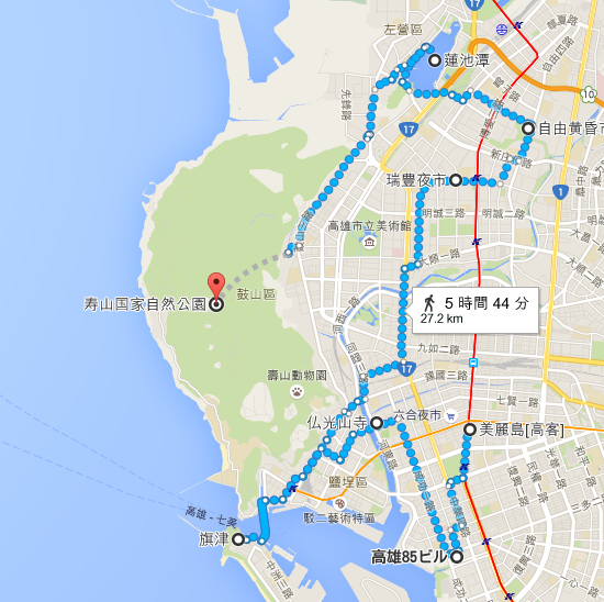 台灣美麗島 高客  から 台灣壽山國家自然公園   Google マップ