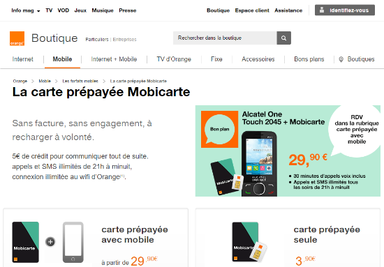 Carte prépayée Mobicarte sans engagement   Orange mobile